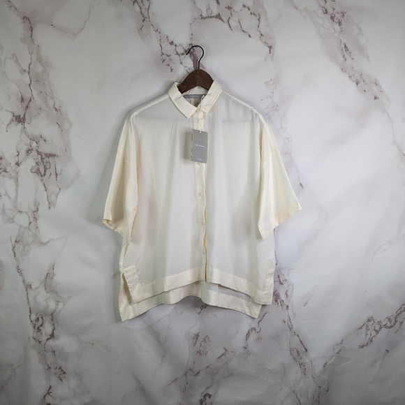 Everlane Button Up Shirt Short Sleeve Cream Sandstone Women Top Drapy Square - Picture 2 of 14